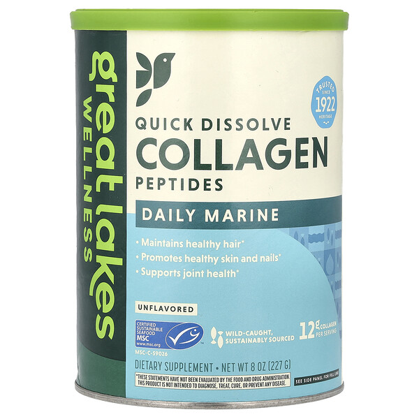 Quick Dissolve Collagen Peptides, Daily Marine, Unflavored, 8 oz (227 g) Great Lakes Wellness