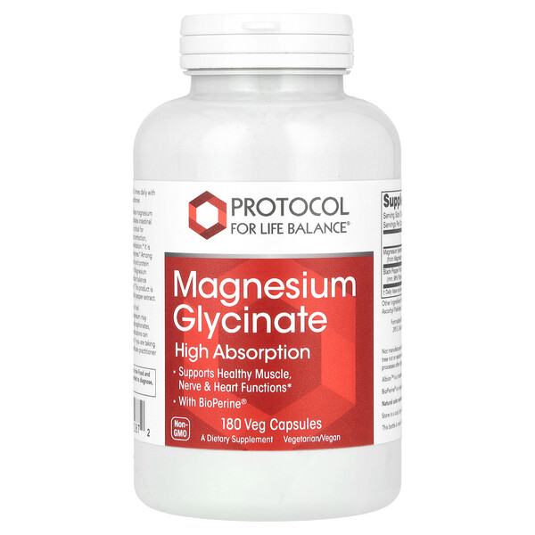 Magnesium Glycinate, High Absorption, 180 Veg Capsules Protocol for Life Balance