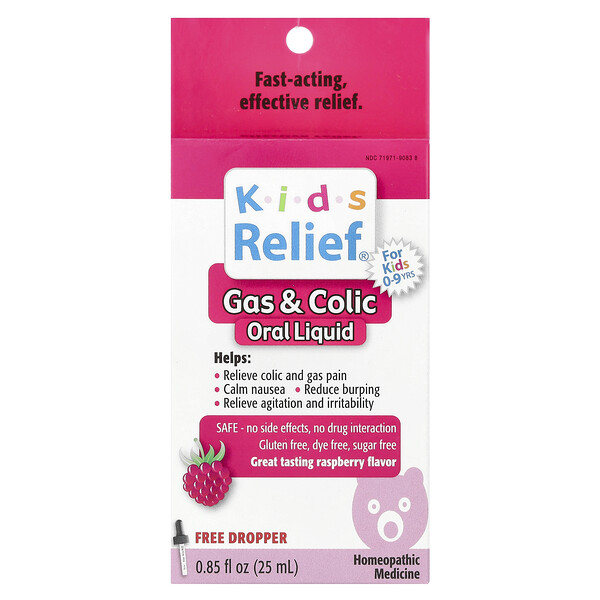 Kids Relief®, Gas & Colic Oral Liquid, For Kids 0-9 Yrs, Raspberry, 0.85 fl oz (25 ml) Homeolab USA