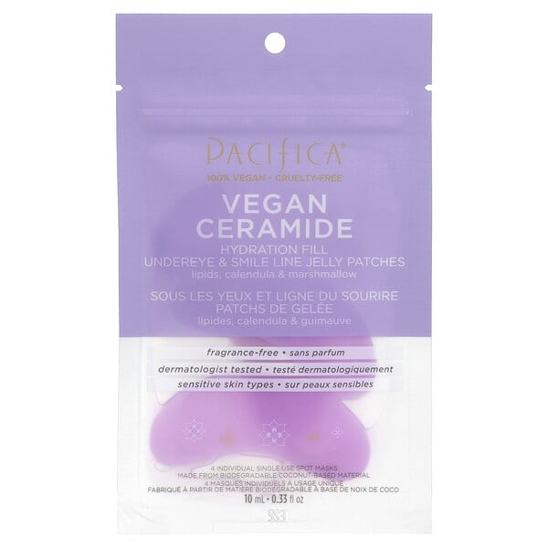 Vegan Ceramide, Hydration Fill Undereye & Smile Line Jelly Patches, Fragrance-Free, 4 Patches, 0.33 fl oz (10 ml) Pacifica