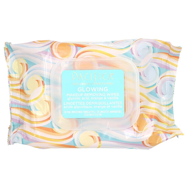 Makeup Remover Wipes, Glowing , Glycolic Acid, Orange & Vanilla, 30 Pre-Moistened Towelettes Pacifica