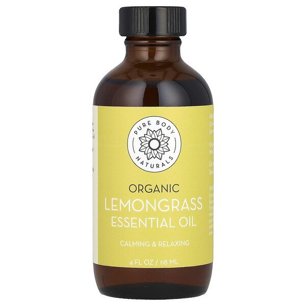 Organic Lemongrass Essential Oil, 4 fl oz (118 ml) Pure Body Naturals