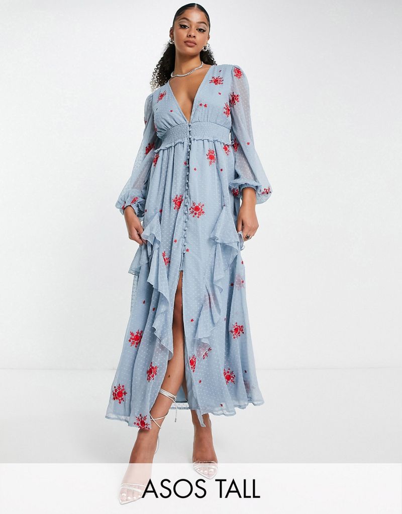 ASOS DESIGN Tall shirred waist button up midi tea dress with all over embroidery in dusty blue ASOS Tall