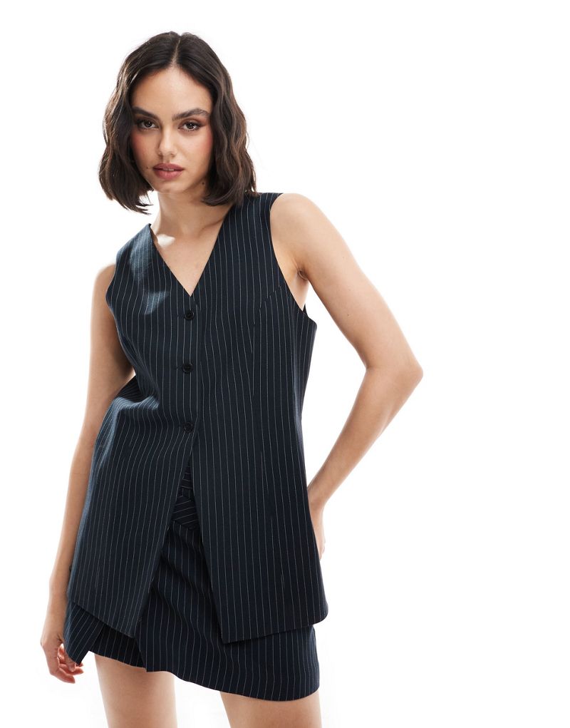 ASOS DESIGN tailored longline vest in navy pinstripe ASOS DESIGN