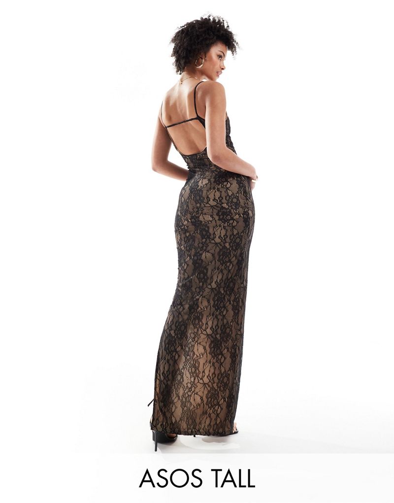 ASOS DESIGN Tall lace scoop neck cami slip maxi dress in black with camel lining ASOS Tall