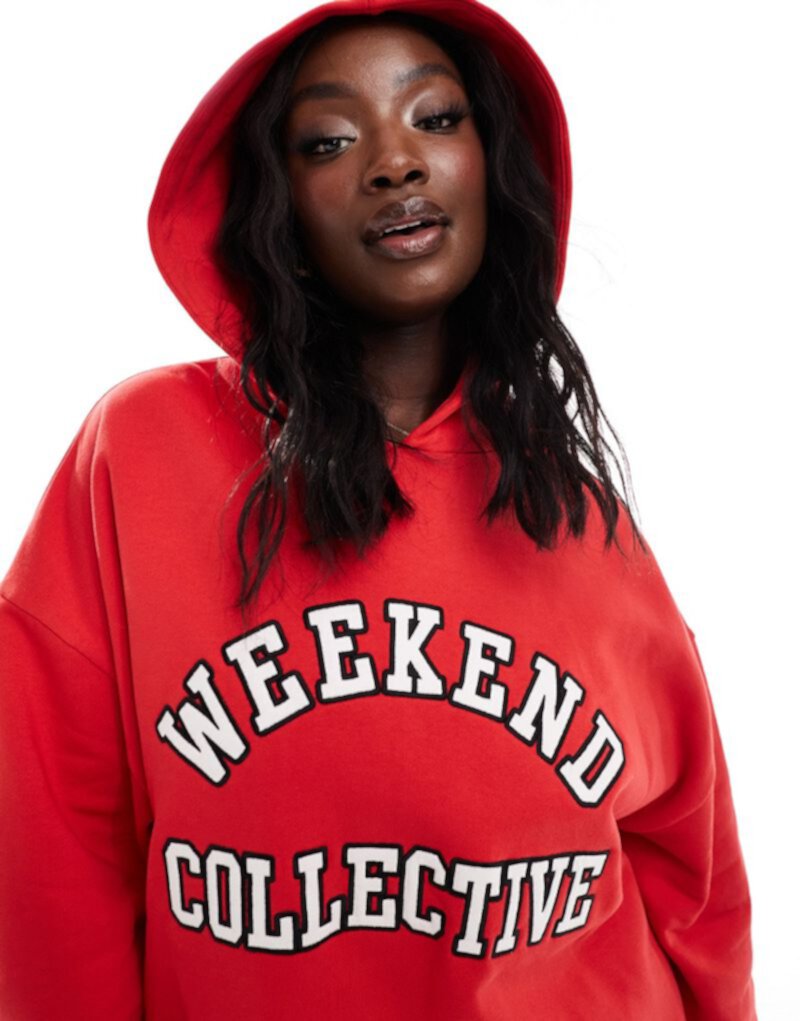 ASOS Weekend Collective Curve varsity oversized hoodie with varsity logo in red ASOS Weekend Collective