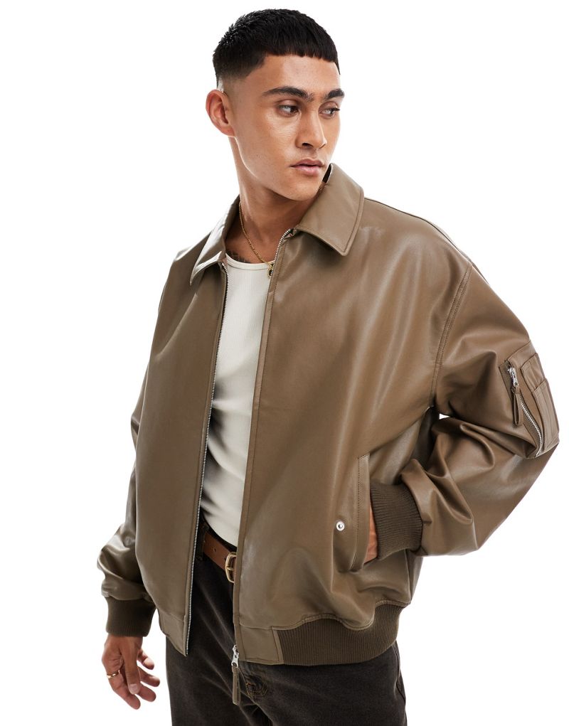 ASOS DESIGN oversized faux leather bomber jacket in brown ASOS DESIGN