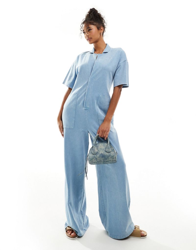 ASOS DESIGN boilersuit with wide leg & pockets in denim wash ASOS DESIGN