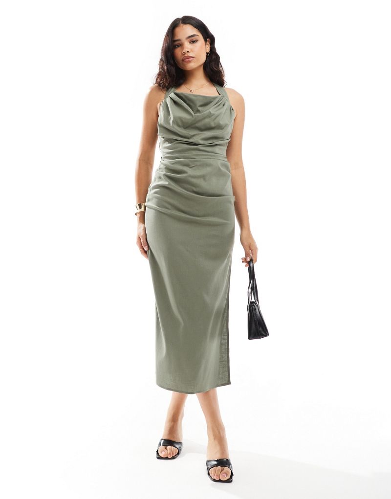 ASOS DESIGN halter ruched midi dress in khaki ASOS DESIGN