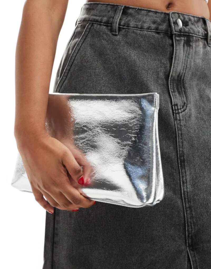 ASOS DESIGN zip top clutch bag in metallic silver ASOS DESIGN