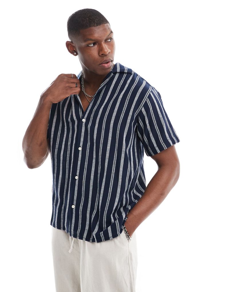 Jack & Jones oversized revere collar stripe shirt in navy  Jack & Jones