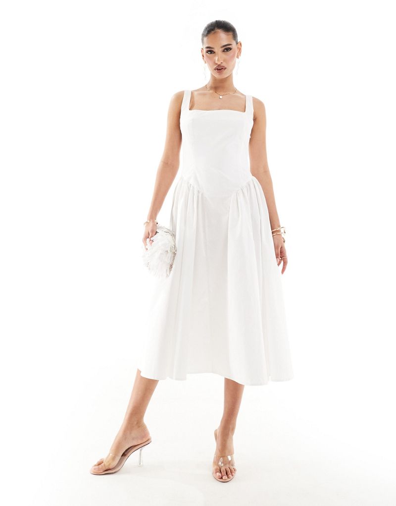 Kaiia square neck puff hem midi dress in white Kaiia