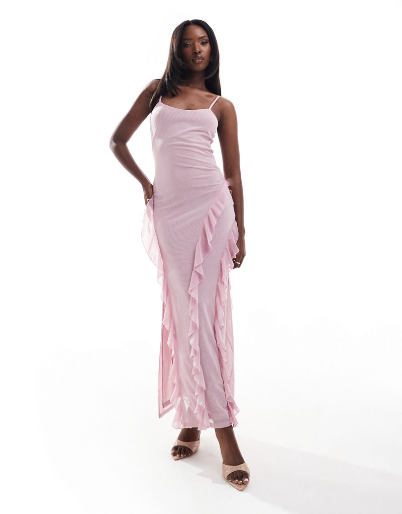 Kaiia mesh ruffle detail maxi cami dress in pink Kaiia