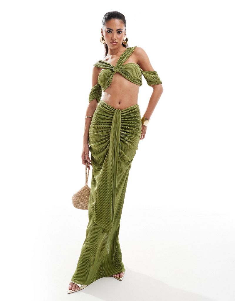 Murci plisse cut out halterneck top and ruched maxi skirt set in green Murci