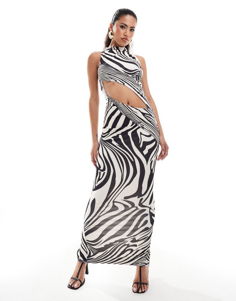 Murci high neck sleeveless slash waist maxi dress in zebra print Murci