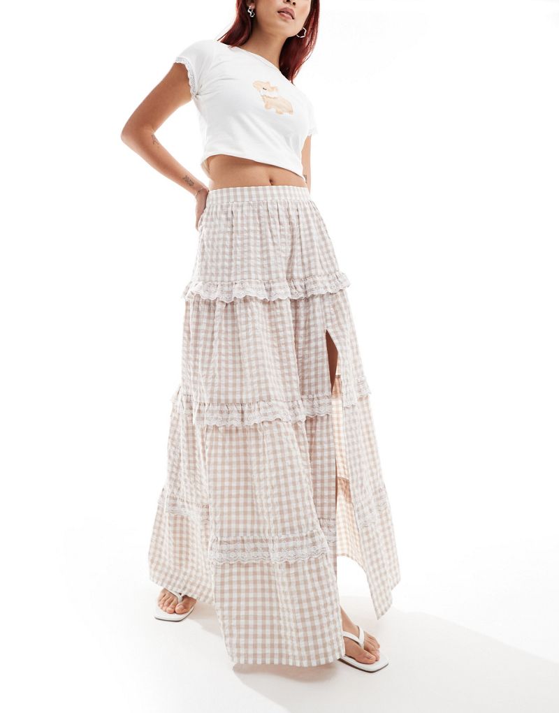 Miss Selfridge tiered ruffle maxi skirt in tan gingham Miss Selfridge