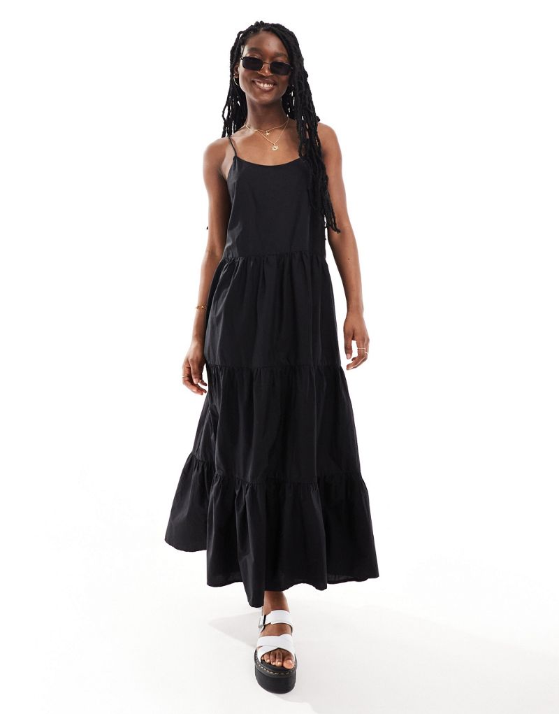 Monki maxi dress with tiered layers and strappy low back in black Monki