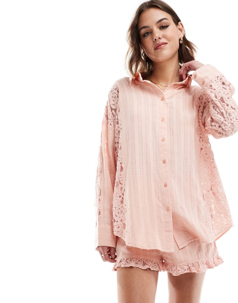 Miss Selfridge oversized lace mix shirt in soft pink Miss Selfridge