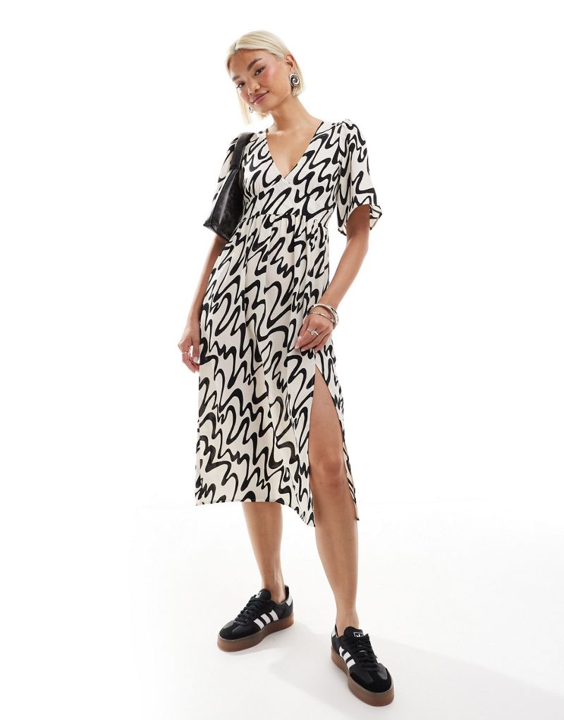 Monki short sleeve midi sun dress with side split in mono abstract print exclusive to ASOS Monki