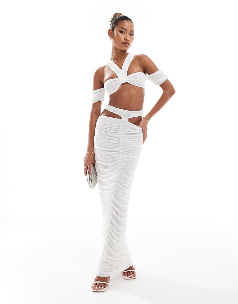 Murci textured cut out halterneck top and ruched maxi skirt set in white Murci