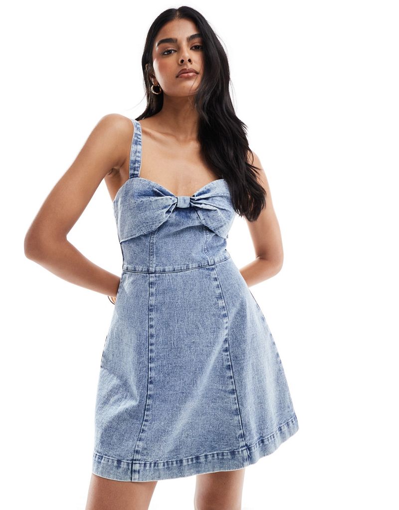 Miss Selfridge bow detail denim mini dress in light blue  Miss Selfridge