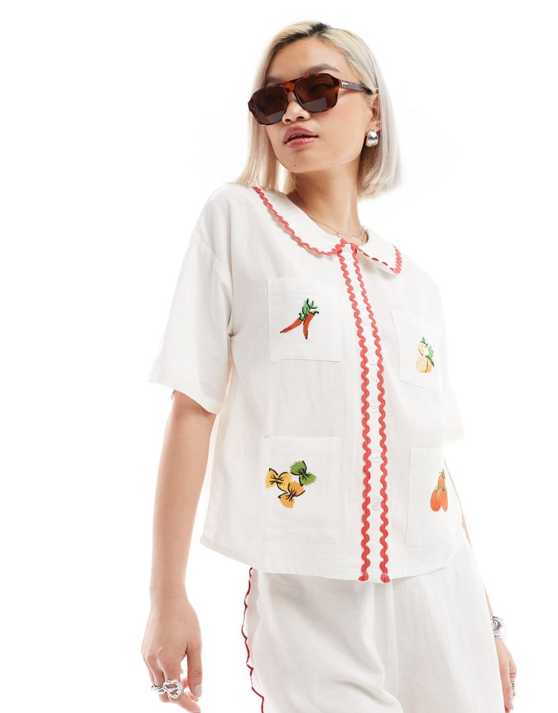 Neon Rose rik-rak detail embroidered pocket blouse in white - part of a set Neon Rose