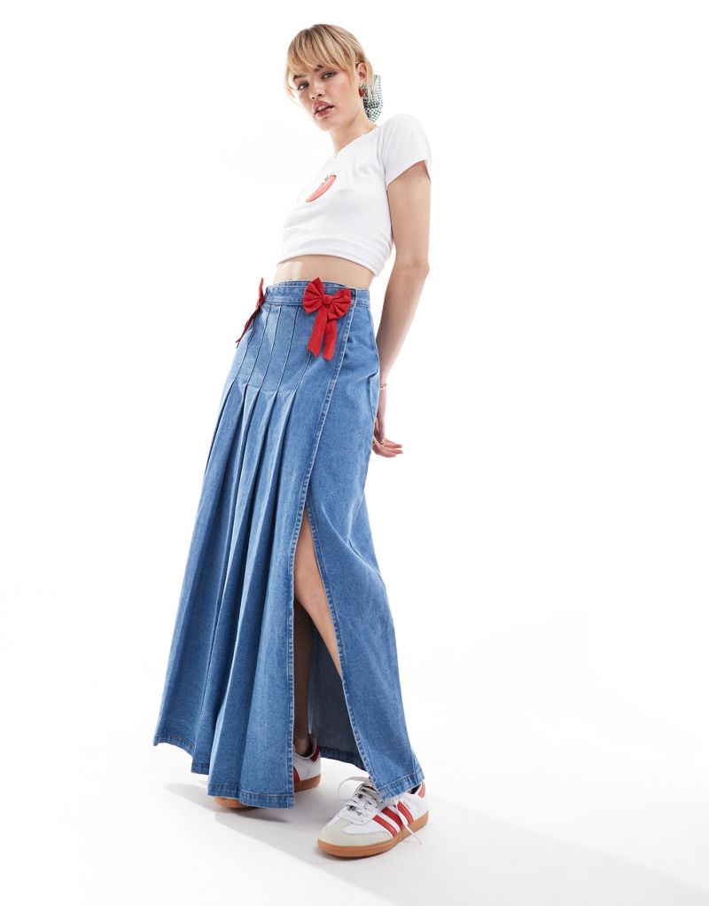 Neon Rose bow detail denim midaxi skirt in mid blue Neon Rose