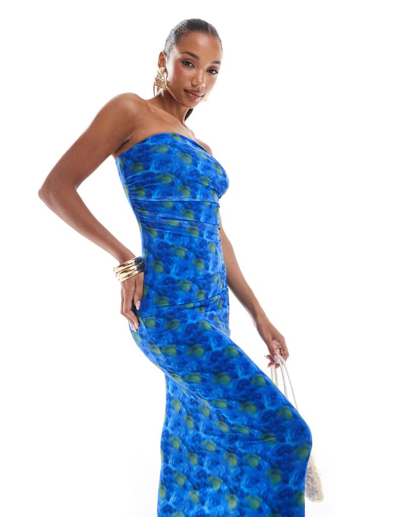 South Beach floral abstract print mesh maxi bandeau dress in blue SOUTH BEACH