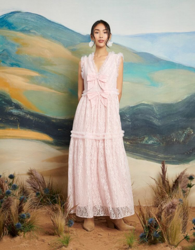 Dream Sister Jane bow detail frill lace maxi dress in powder pink Sister jane