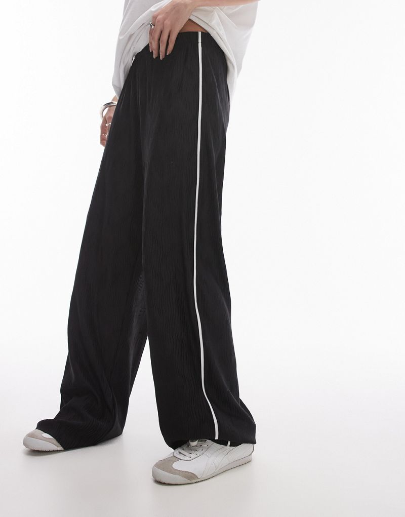 Topshop crinkle plisse side stripe pants in black and white TOPSHOP