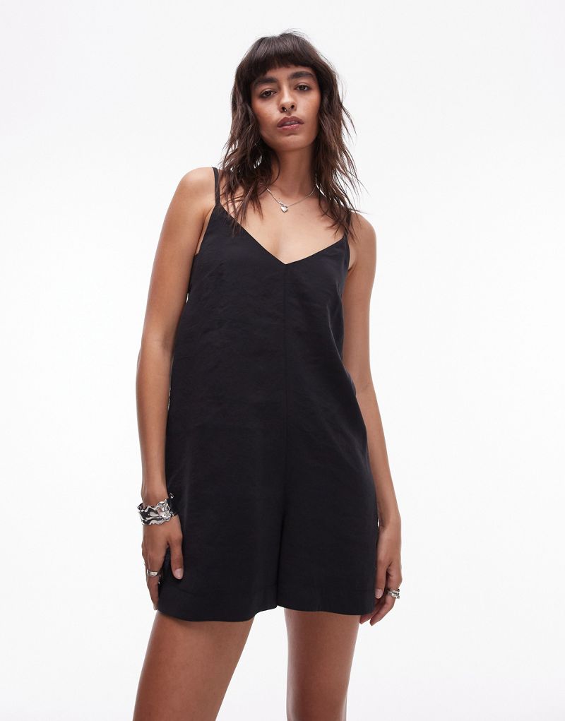 Topshop tie back romper in black cupro TOPSHOP