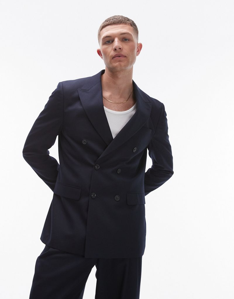 Topman double breasted linen blend mix slim suit jacket in navy  TOPMAN