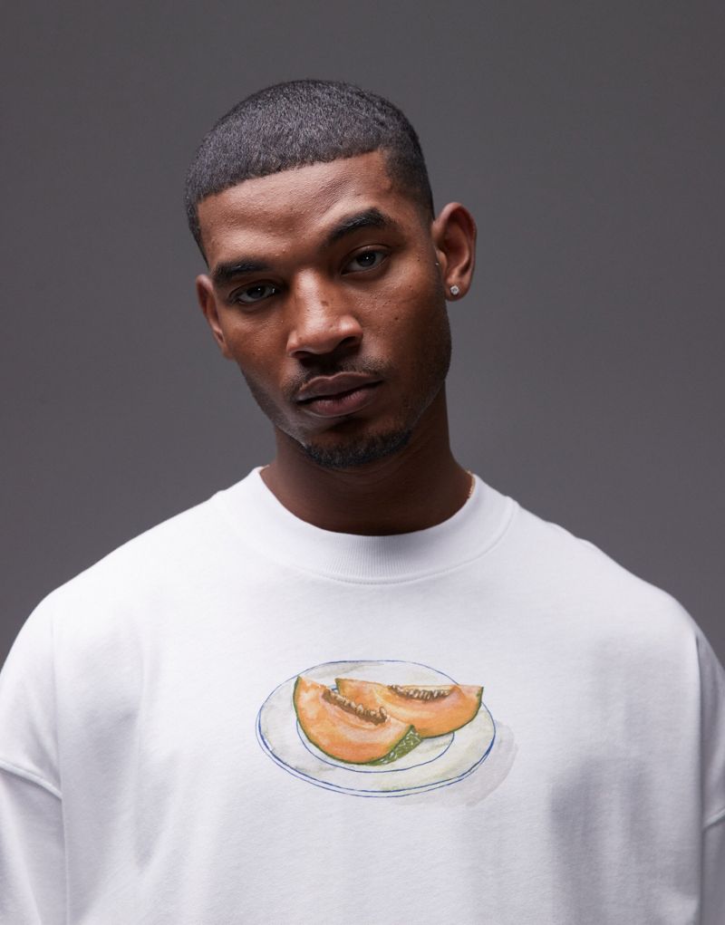 Topman premium extreme oversized fit t-shirt with melon and olive print in white TOPMAN