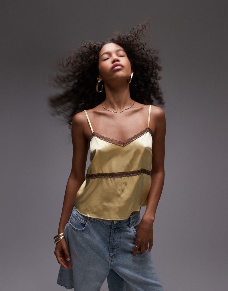 Topshop satin cami top in yellow with brown lace TOPSHOP