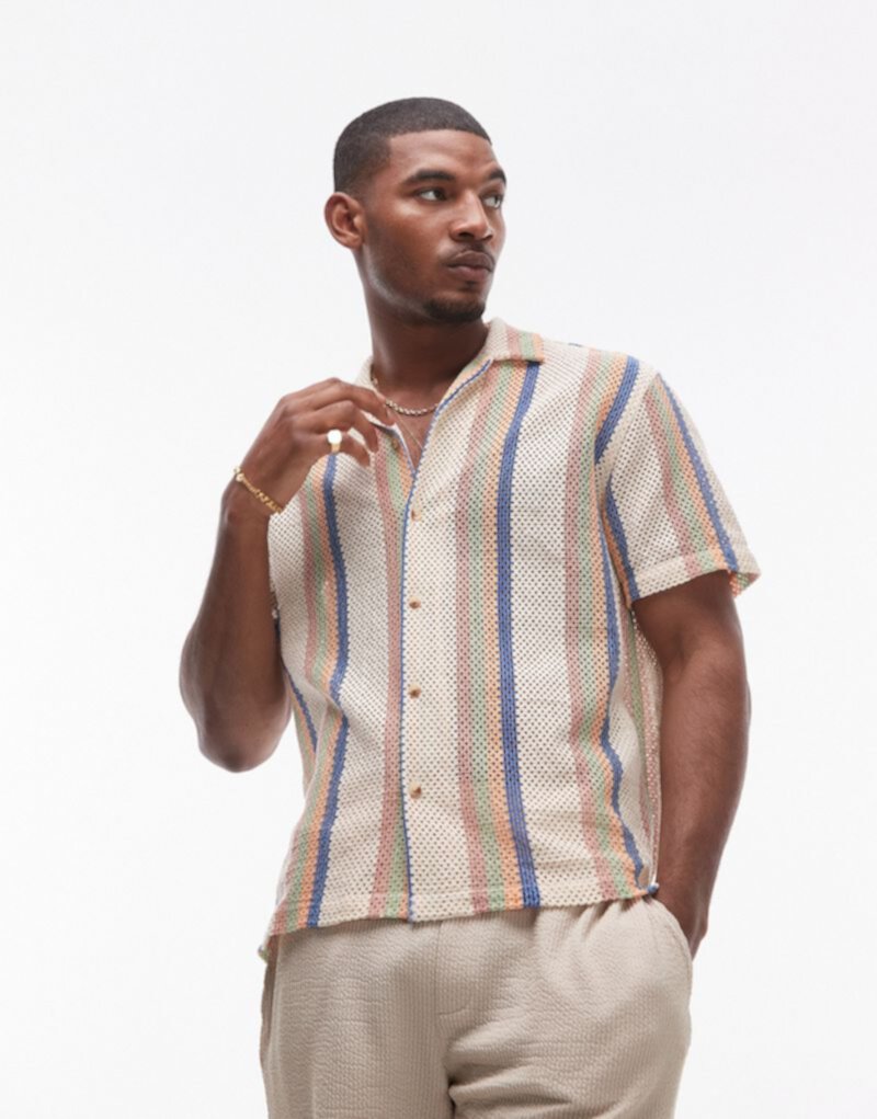 Topman short sleeve crochet stripe shirt in multi TOPMAN