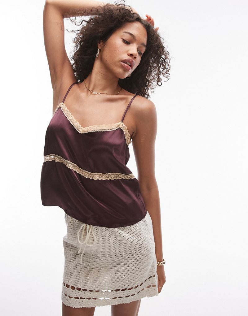 Topshop satin lace cami in wine with apricot lace TOPSHOP