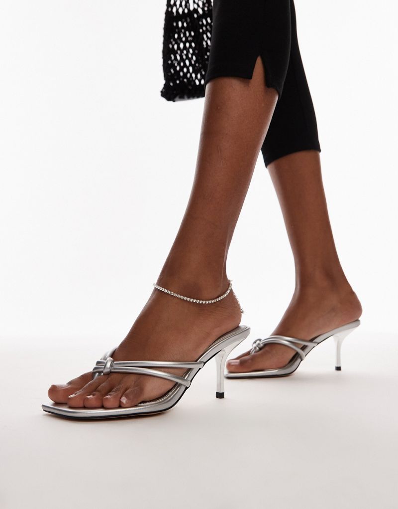 Topshop Femi toe post heeled sandals with knot detail in silver TOPSHOP
