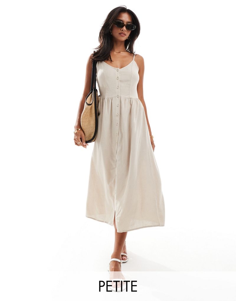 Vila Petite linen mix button up cami midi dress in beige Vila Petite