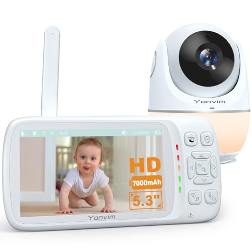 5.3“ 1080P Baby Monitor No WiFi, Video Baby Monitor with Camera and Audio, 2K Camera,1500ft Long Range Video Recording and Playback, 7000mAh Battery, Night Light, MP3, Story Book, 2-Way Talk Yonvim