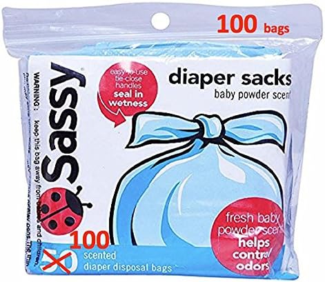 Sassy 100 Count Disposable Diaper Sacks, Powder Scented, 4-25 Sacks per Roll, Easy-to-Tie, Diaper Disposal or Pet Waste Bags Sassy