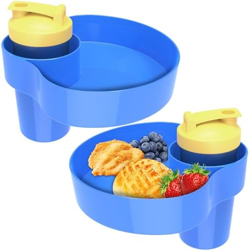 Kids Car Seat Snack Tray: Travel Trays for Kids Car Cup Holder, 2PCS Toddler Road Trip Essential, Travel Snacks Food Plate for Stroller, Boosters, and Anywhere with a Cup Holder -Blue&Pink OMYPOTT