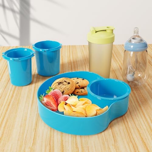 Kids Car Seat Snack Tray: Travel Trays for Kids Car Cup Holder, 2PCS Toddler Road Trip Essential, Travel Snacks Food Plate for Stroller, Boosters, and Anywhere with a Cup Holder -Blue&Pink OMYPOTT