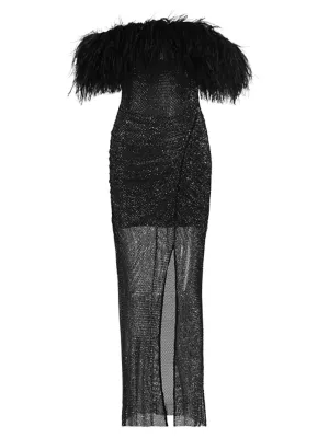 Mesh Rhinestone Feather Maxi-Dress Self-Portrait