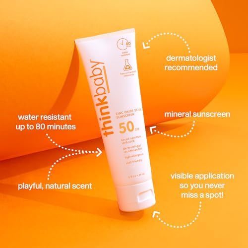 Thinkbaby SPF 50+ Baby Mineral Sunscreen – Safe, Natural Sunblock for Babies - Water Resistant Sun Cream – Broad Spectrum UVA/UVB Sun Protection – Vegan Baby Sunscreen Lotion, 3 Oz. Think