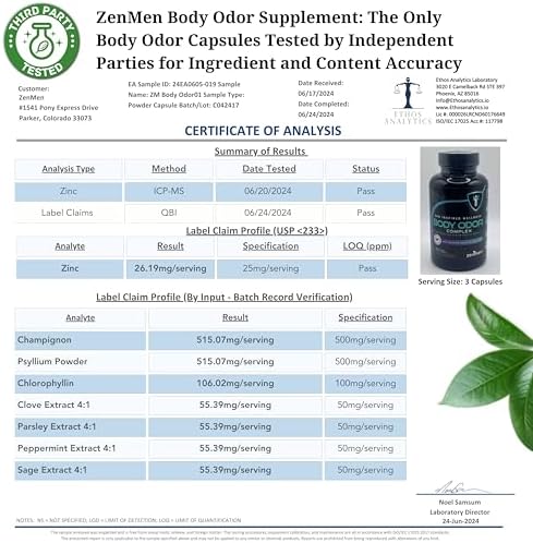 Natural Body Odor Eliminator Pills - Chlorophyll with Zinc, Champignon, Psyllium Fiber - Third Party Tested, 60 Vegan Capsules (Веганские капсулы). Made in The USA Zenmen