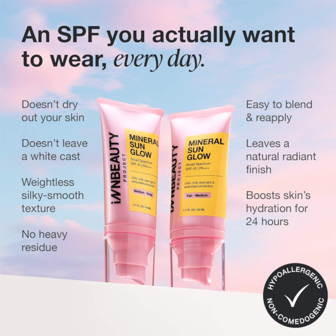 Mineral Sun Glow Broad Spectrum Sunscreen SPF 43 PA +++ with Peptides and Vitamin C INNBEAUTY PROJECT