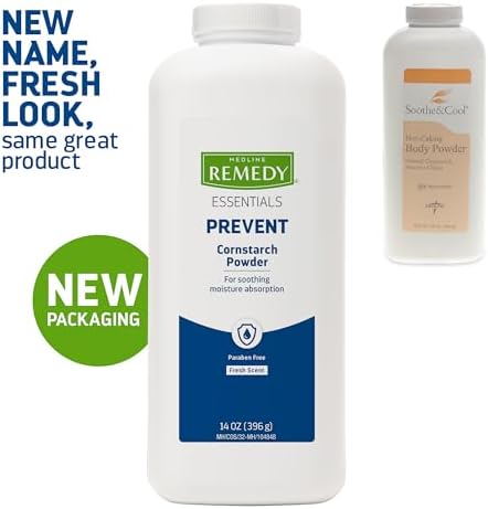 Medline Remedy Essentials Cornstarch Powder (14 oz Bottle), 12 Count, Fresh Scent, Talc Free, Shaker Top, Skin Care, Absorbs Sweat, Soothes, Reduces Friction & Chafing, For Adults, Feet, Groin Medline