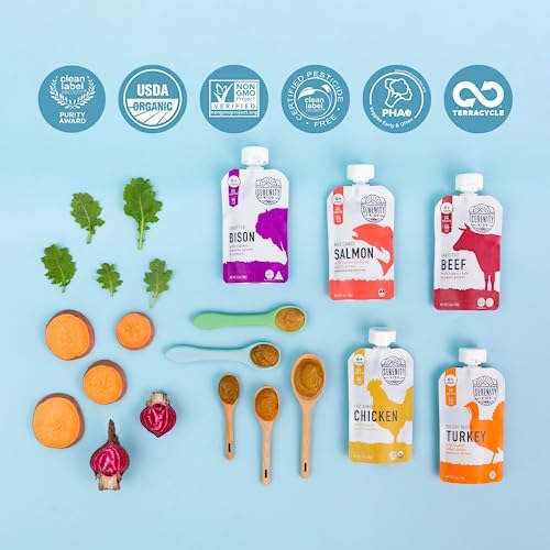 Serenity Kids 6+ Months Baby Food Puree Pouches - Ethically Sourced Grass Fed Beef & Organic Kale, Sweet Potato - 3.5 Oz BPA-Free - 6 Count Serenity Kids