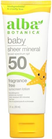 Детское солнцезащитное средство Alba Botanica Baby Sunscreen для лица и тела, минеральный лосьон, широкоспектрный SPF 50, водостойкий и без запаха, 85 мл Alba Botanica