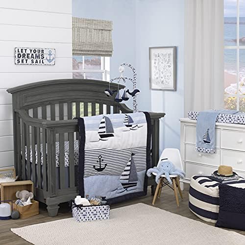 Nautica Nautical Adventure Blue & White Sailboat, Anchor, Waves, & Stripes 4Piece Nursery Crib Bedding Set - Comforter, 100% Cotton Fitted Crib Sheet, Crib Skirt, & Storage, Navy, Light Blue, White, Nautica